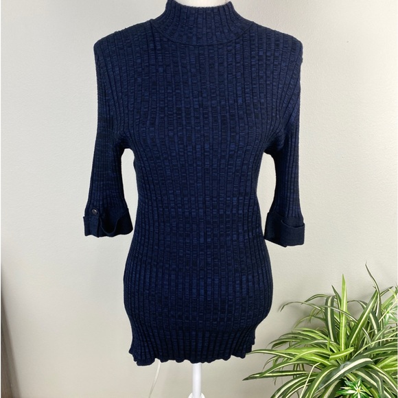 Style & Co Size M Sweater Dark Blue Black Marbled Ribbed Pullover Turtleneck EUC - Picture 8 of 11